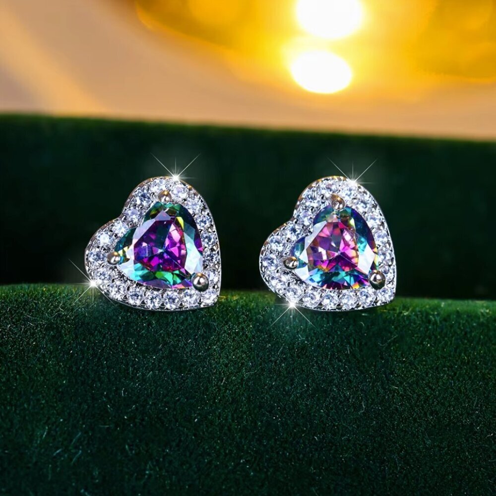 NEW 14k White Gold Mystic Topaz Diamond Earrings Heart Stud Earrings